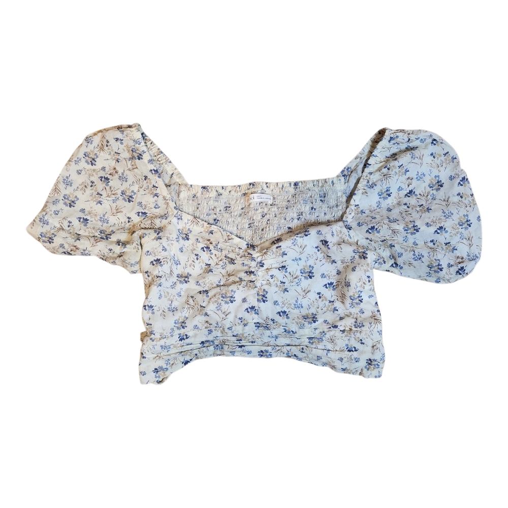 Asymmetrical Ruffled Puff Sleeve Blouse in Blue and Gray
